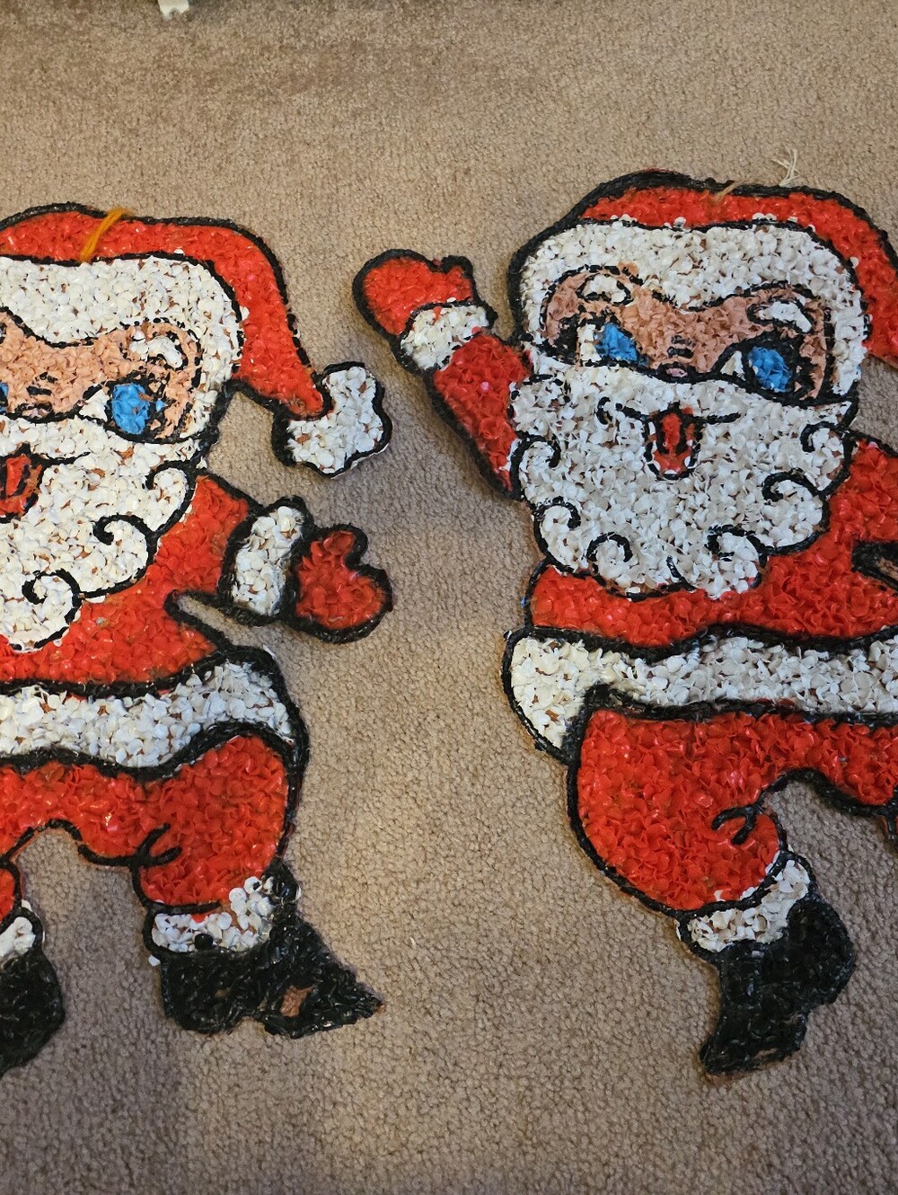 Vintage SET MCM Melted Plastic Popcorn  Santa Claus Blue Eyes BlackOutline